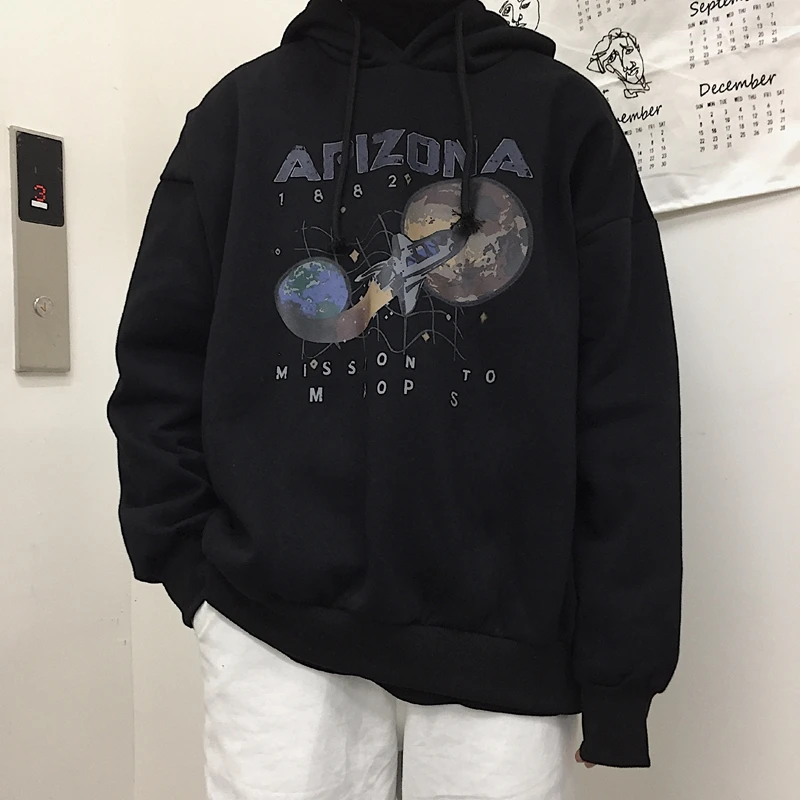 black hoody Винтажная Женская толстовка Neploe Harajuku,, Миссия на Марс, космический корабль, Аризона, худи, черный пуловер с капюшоном, 39104 - Цвет: black hoody