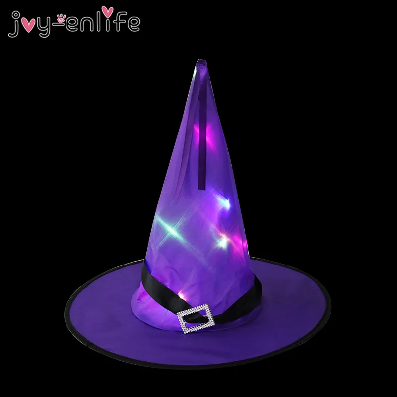 

1pcs Halloween Witch Hat with LED Light Glowing Witches Hat Hanging Halloween Decor Suspension Tree Glowing Hat for Kids