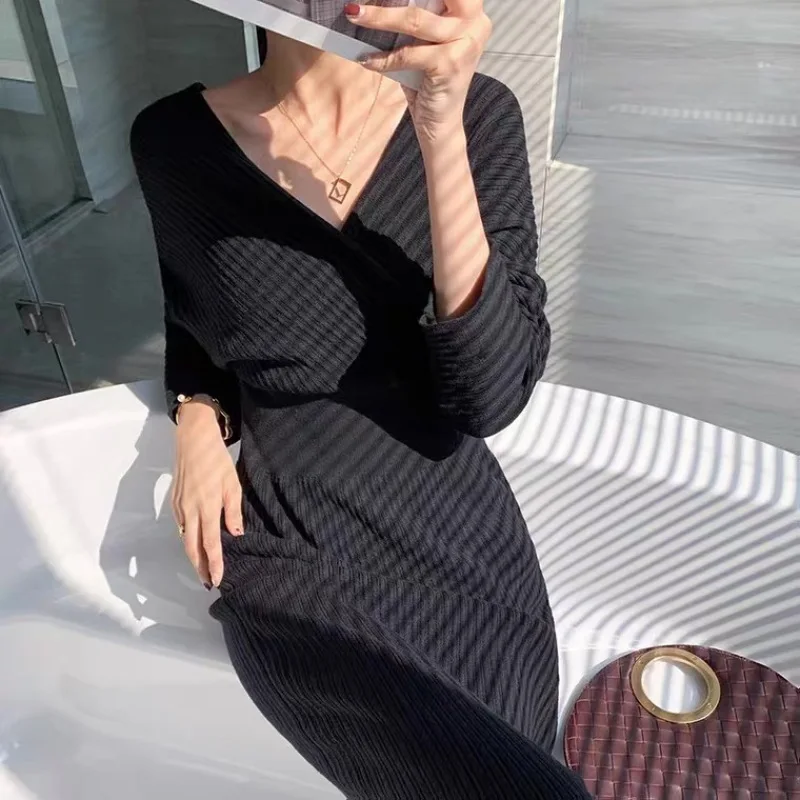 

Женское трикотажное платье с V-образным вырезом, элегантное приталенное шерстяное платье знаменитости для осени и зимы, 2021