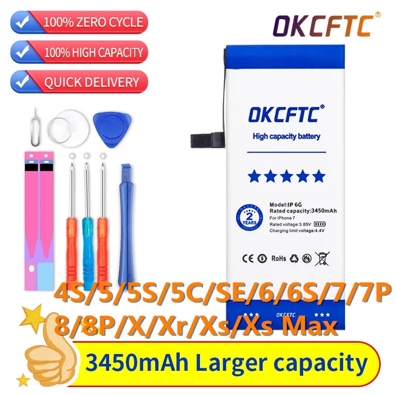 

Аккумулятор OKCFTC для Apple iPhone SE 4s 6 6s 7 8 Plus 5 5c X Xr Xs Max 7P 11, литий-полимерные аккумуляторы большой емкости + Инструменты