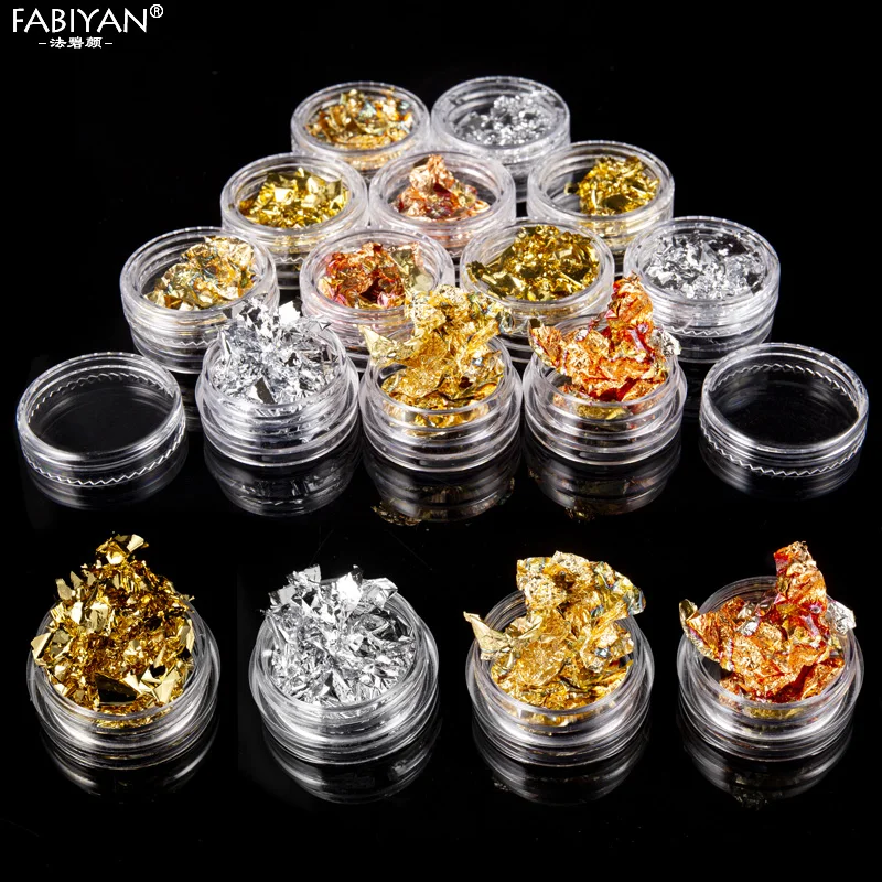 12Box Gold Silver Copper Nail Art Polish Glitter Foil Paillette Chip Stickers Decals Tips Design Decoration Manicure Tools Set