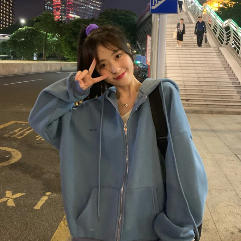 

zip-up Women Korean Style hoodies Vintage Solid Color Long Sleeve Oversized Hooded Sweatshirt Lady Women Casual Large Coats