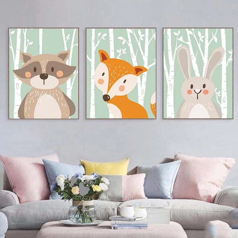 Картина на холсте с изображением леса и животных постер принтом кролика лисы