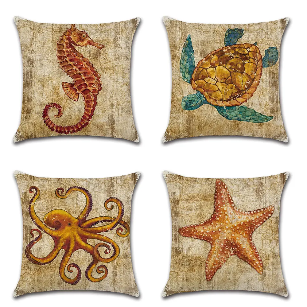 

Vintage marine seahorse sea turtle octopus starfish Print Pillow Case Home Decoration Linen Sofa Pillow Cover Car Cushion Cover