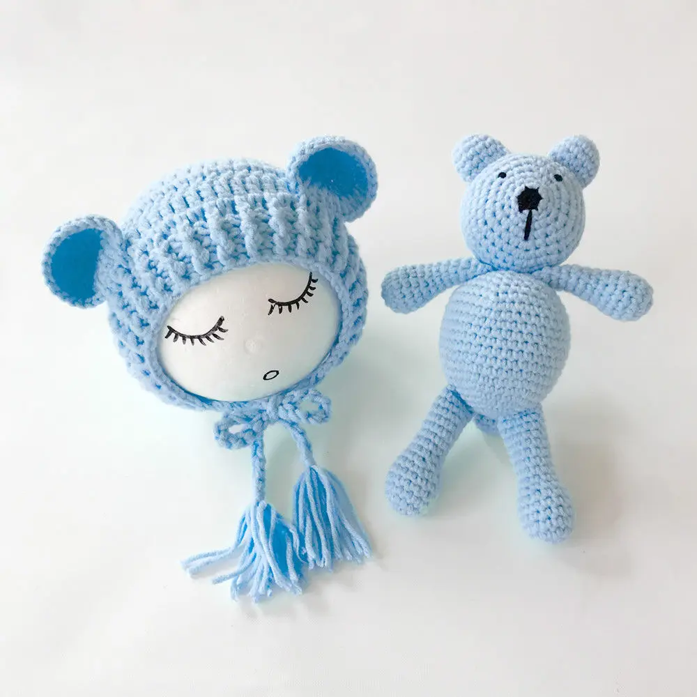 

Newborn Baby Hats Photography Props Girls Boys Crochet Knit Costumes Caps With Ear Bear Toys+Hats 2Pcs Cute Gifts For Baby