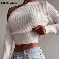 ouslee women sexy off shoulder sweater jumper spring long sleeve knitted crop tops solid lady pullover sweaters streetwear