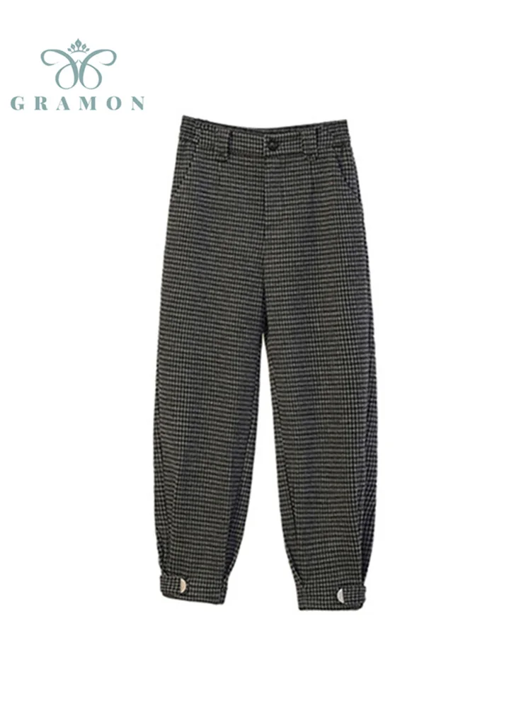 

Pants Vintage Fashion Plaid Woolen Trousers Plus Size Women Clothing Autumn Winter Thicken Plush Warm Baggy Pantalones De Mujer