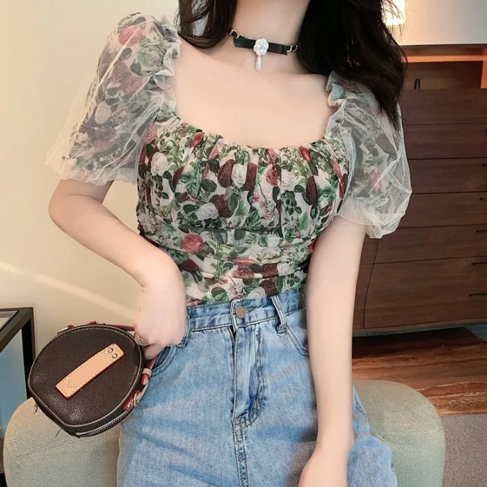 

French palace style retro floral mesh stitching fashion square neck puff sleeve short temperament all-match chiffon shirt women