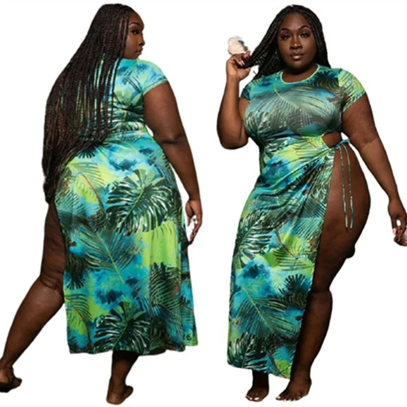 

Plus Size Dress Women Summer 2021 Wholesale Sexy Beach Style Dresses Slip Side Maxi Short Sleeve Dresses for Women Dropshipping