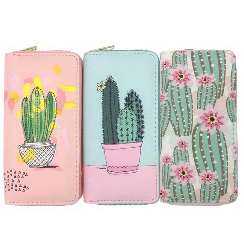Womens Wallets Watercolor Cactus Flower Bird Leather Passport Wallet Coin Purse Girls Handbags
