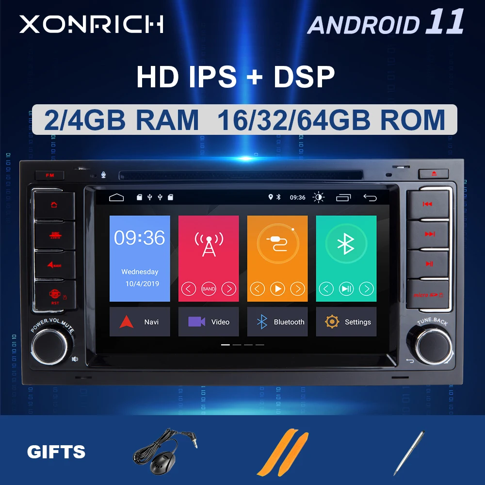 4GB + 64GB Android 11 2 Din เครื่องเล่น DVD Player สำหรับ VW Volkswagen Touareg Transporter T5 GPS นำทางบลูทูธเสียง Carplay