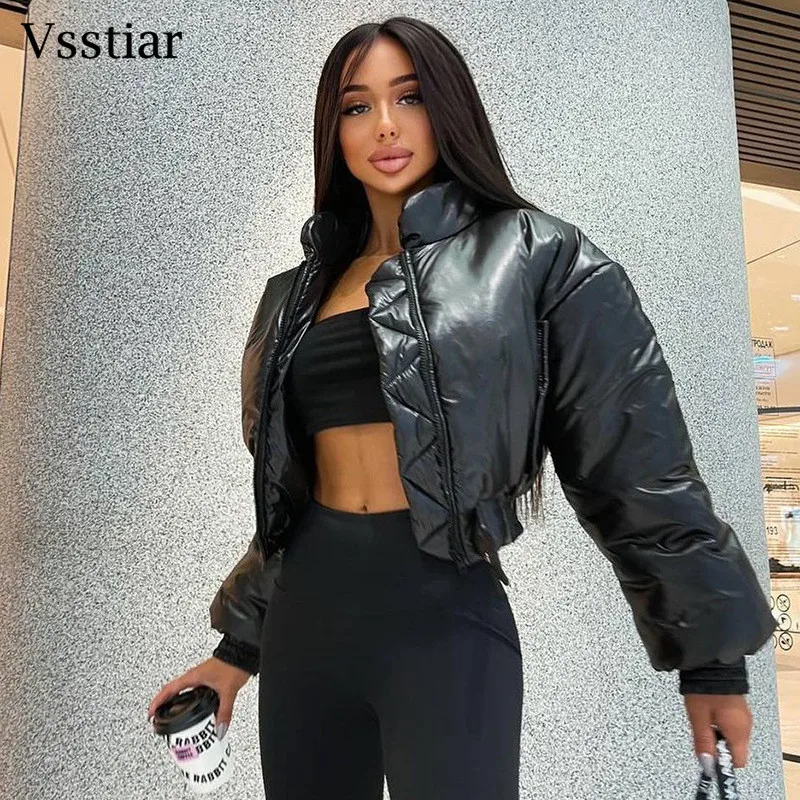 

Vsstiar Warm Winter Cotton Thick Coat Fashion Streetwear Long Sleeve Casual Jackets Women Black White Slim Clothes