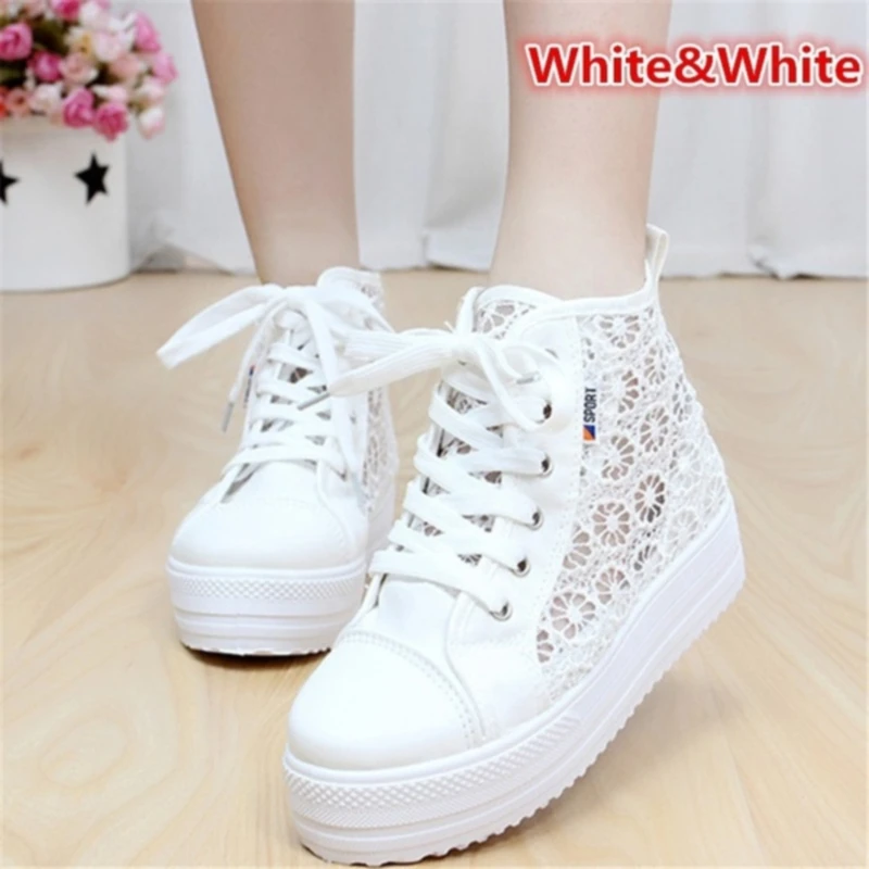 

Korean Version Women Casual Canvas Shoes White Breathable Women Shoes Lace Up Mesh Platform Increased Sneakers
