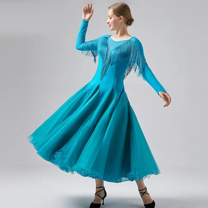 Синее вальсовое платье стандартного бального танца для танцев фокстрота, современный костюм для вечеринок женщин, с бахромой.