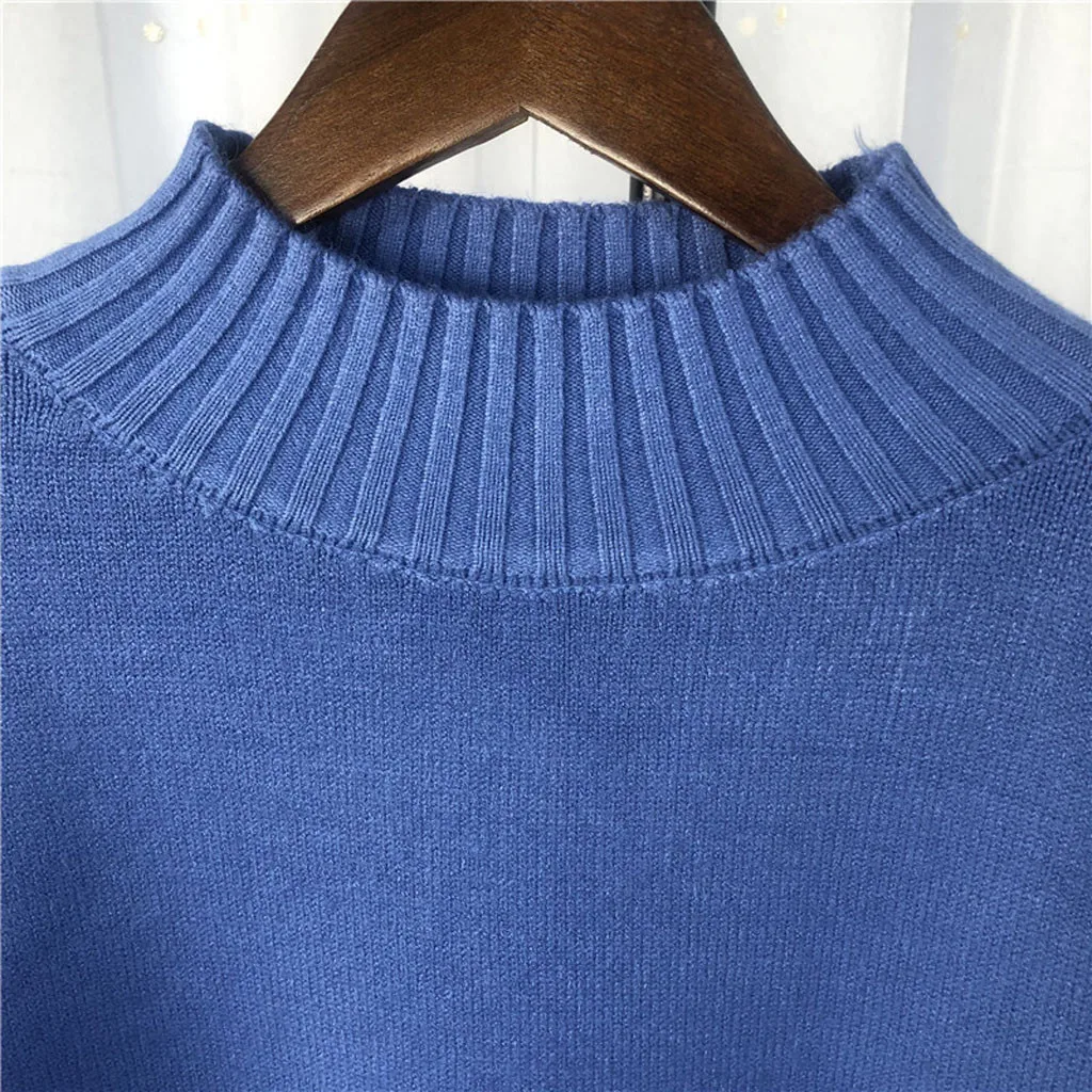 New Loose Thick Warm Winter Pullover Sweater Women Embroidery Jumper Half Turtleneck Long Sleeve Knit Yellow Sweater Female