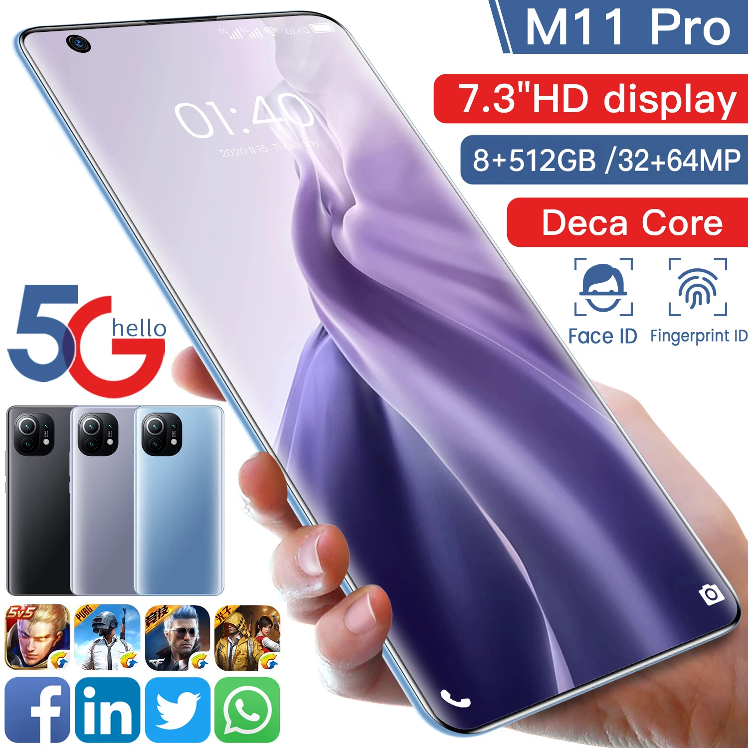 

M11 Pro 7.3 Inch HD Big Screen 8GB+512GB Andriod Smart Phone 5G LTE Bands 6800mAh Deca Core Dual SIM MobilePhones Global Version