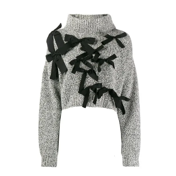 DEAT new autumn and winter fashion women clothes turtleneck lantern sleeves bow embroidery pullover short knits top WJ88202