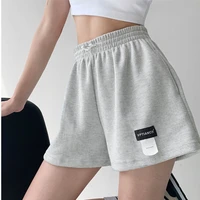 women casual shorts drawstring high waist all match sports style female summer simple solid color loose labeling shorts