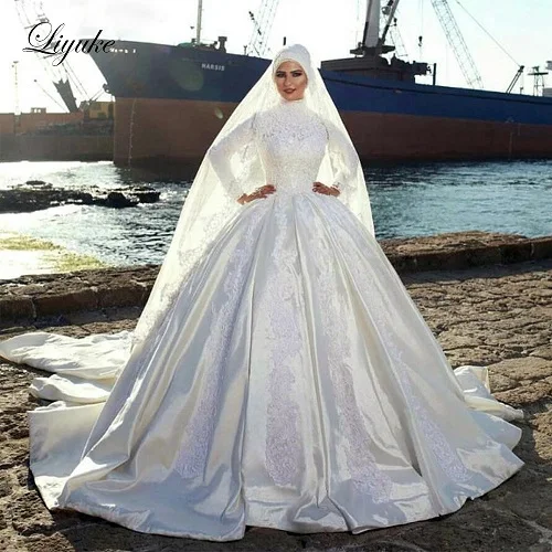 Picture Ivory color Liyuke великолепное бальное платье свадебное платье мусульманское с длинный рукав в арабском стиле свадебное платье с королевским шлейфом - Цвет: Picture Ivory color