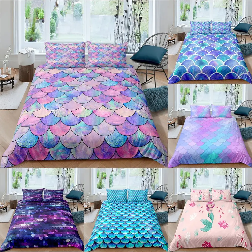 

Fish Scales 3D Print Bedding Set Colorful Mermaid Scale Quilt Duvet Cover Sets Pillowcase Queen King Size Kids Girls Dropship