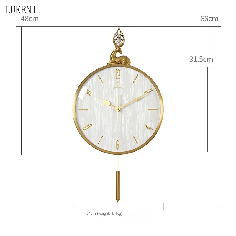 

Nordic Light Luxury Copper Plated Deer Head Wall Clock Living Room Home Fashion Swing Clock Art Atmosphere Wall Watch Creative
