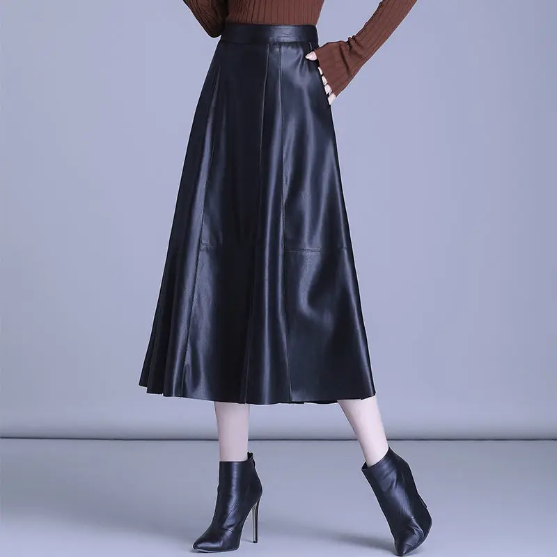 Genuine Leather Skirt Women's Fall Winter High Waist Pleated Mid-Long Skirts Womens Black Harajuku Plus Size S-5XL | Женская одежда