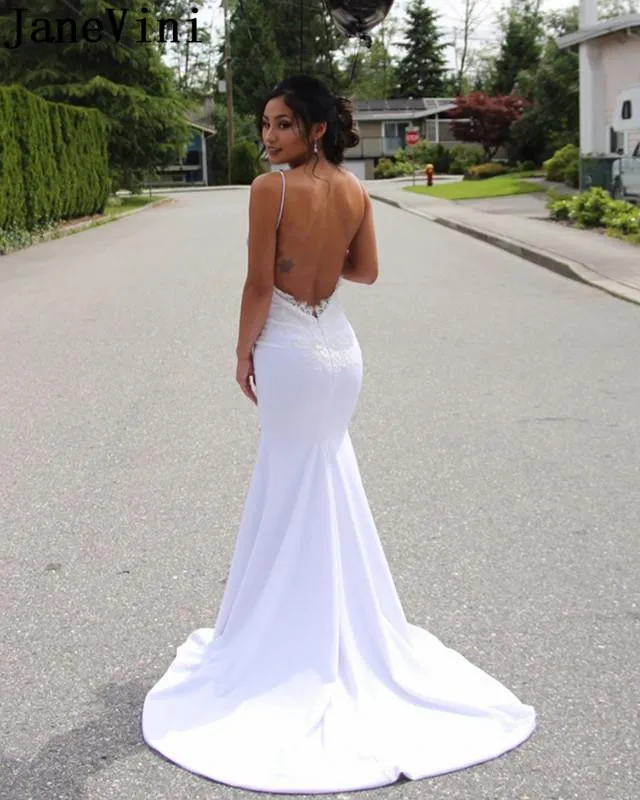 

JaneVini Robe Satin Longue Sexy Mermaid Wedding Dresses Lace Appliques Backless Long Train Boho Bride to be Bridal Gowns 2021