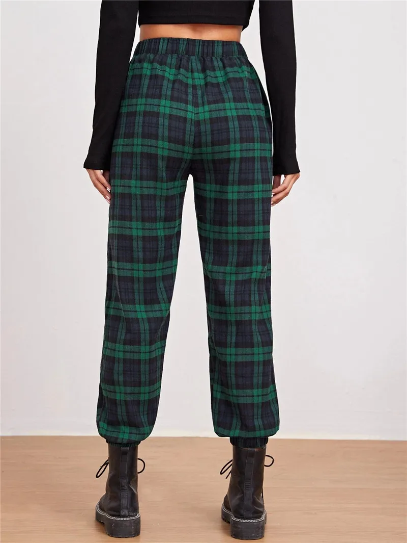 Новые женские повседневные штаны в клетку шотландскую с высокой посадкой
