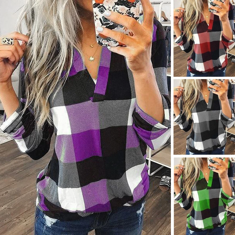 Женская блузка в клетку с V-образным вырезом | одежда
