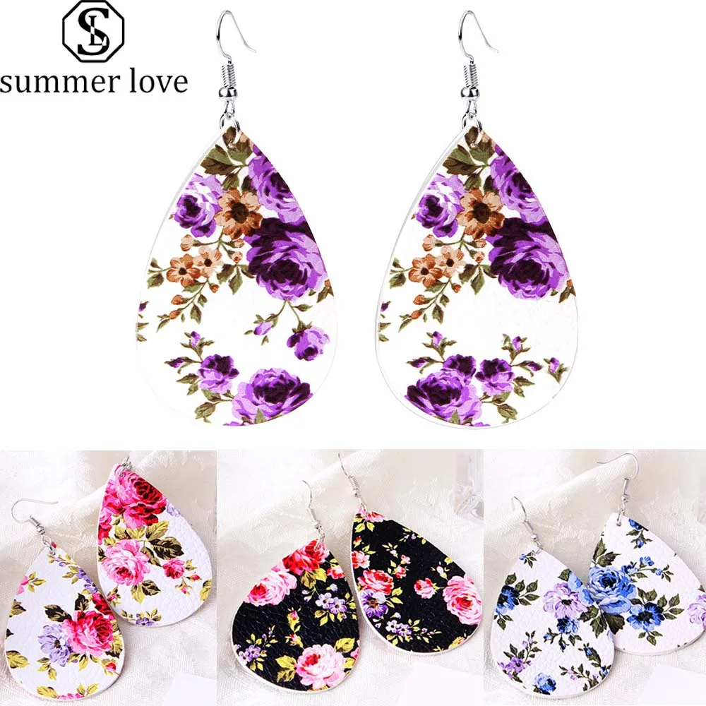 Модное платье с розами двухсторонняя печать кожаная капля серьги для женщин из