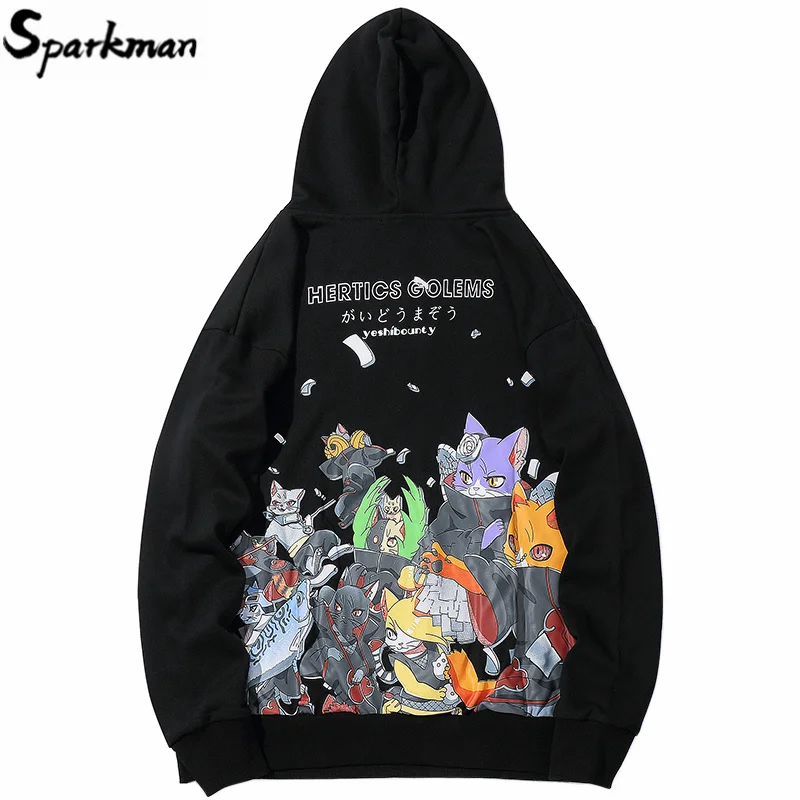 Мужская толстовка с капюшоном в стиле хип-хоп рисунком японского кота уличная