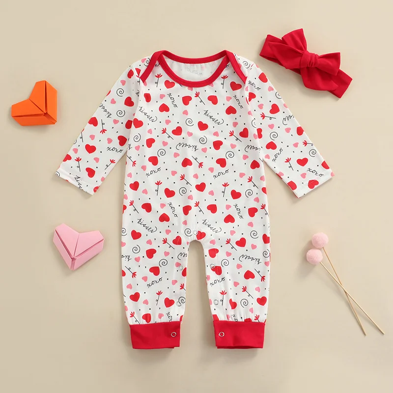 

Valentine's Day Outfits Baby Love Printed Long Sleeve Romper Bow Headband 2 Piece Set for Infant Girls Clothing