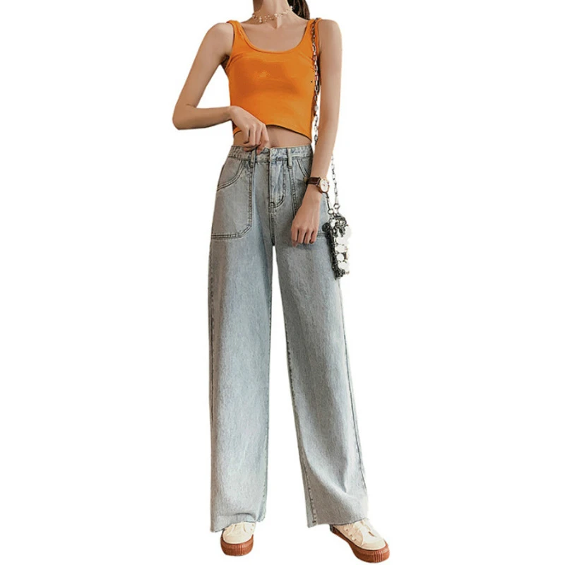 

LIBERJOG Woman Jeans Blue Wide Leg Casual Loose High Waist Straight Spring Autumn Cotton Denim Pants Vintage Trousers Female