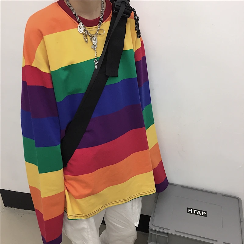 

M - 3XL Autumn New Women's T Shirt Harajuku Style Rainbow Striped Top Female Student Loose Long-sleeved T-shirt Mujer