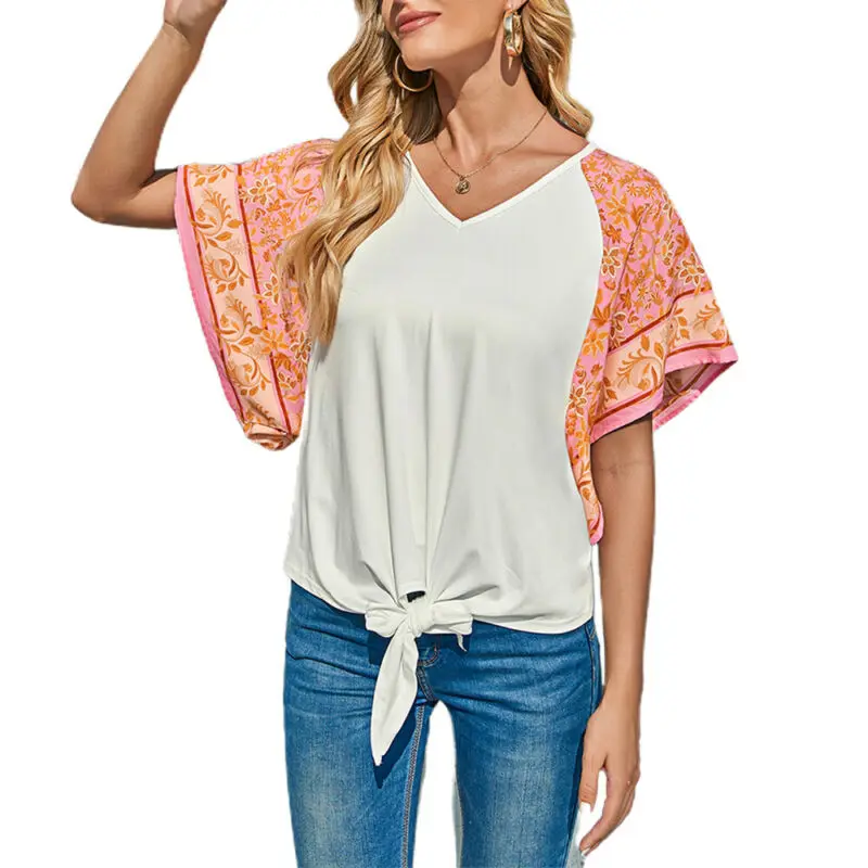 

Футболка с коротким рукавом «летучая мышь», повседневная женская футболка с v-образным вырезом, топы, лоскутные футболки, мода 2021, летняя жен...