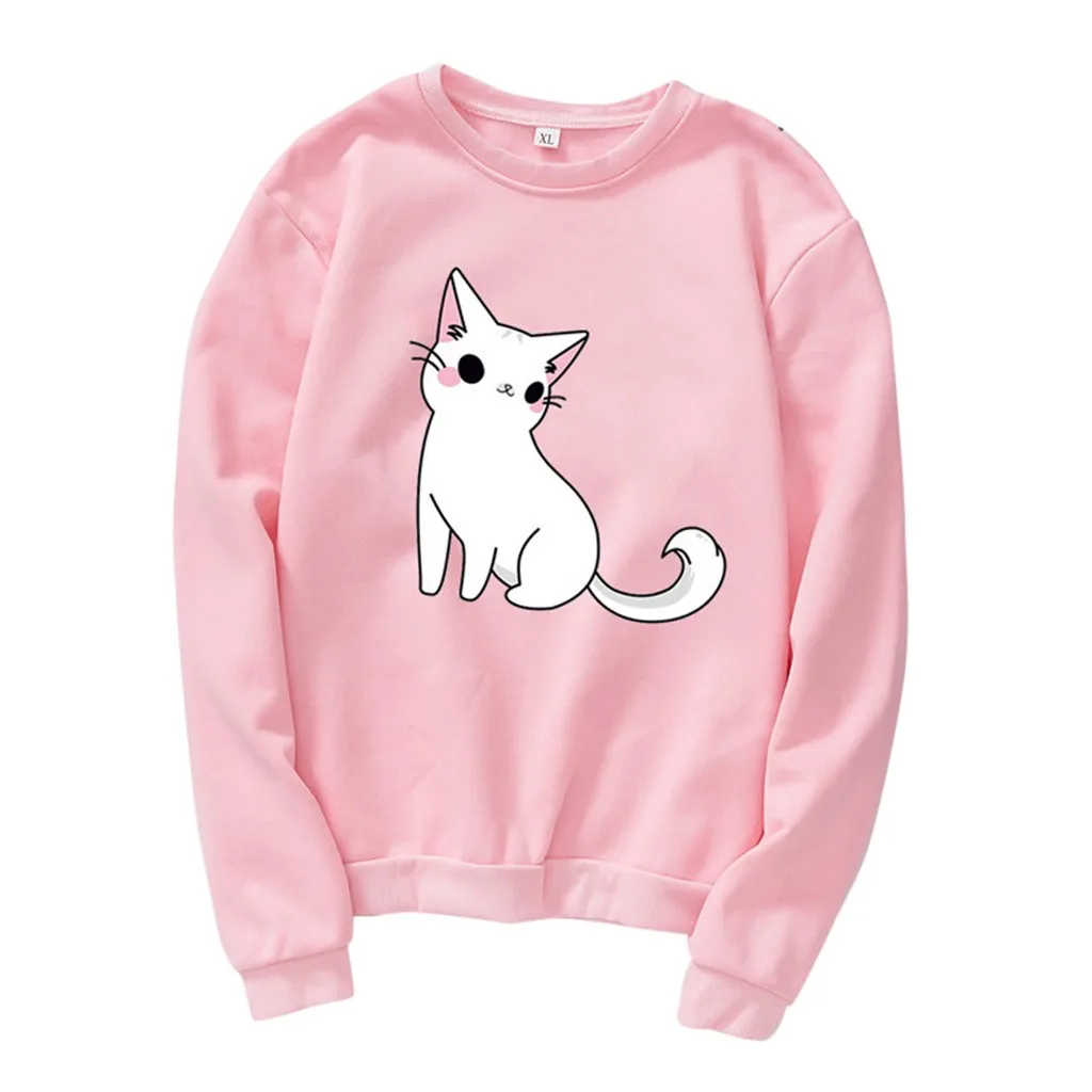 JAYCOSIN модная женская Свободная Толстовка с круглым вырезом и принтом кота длинным
