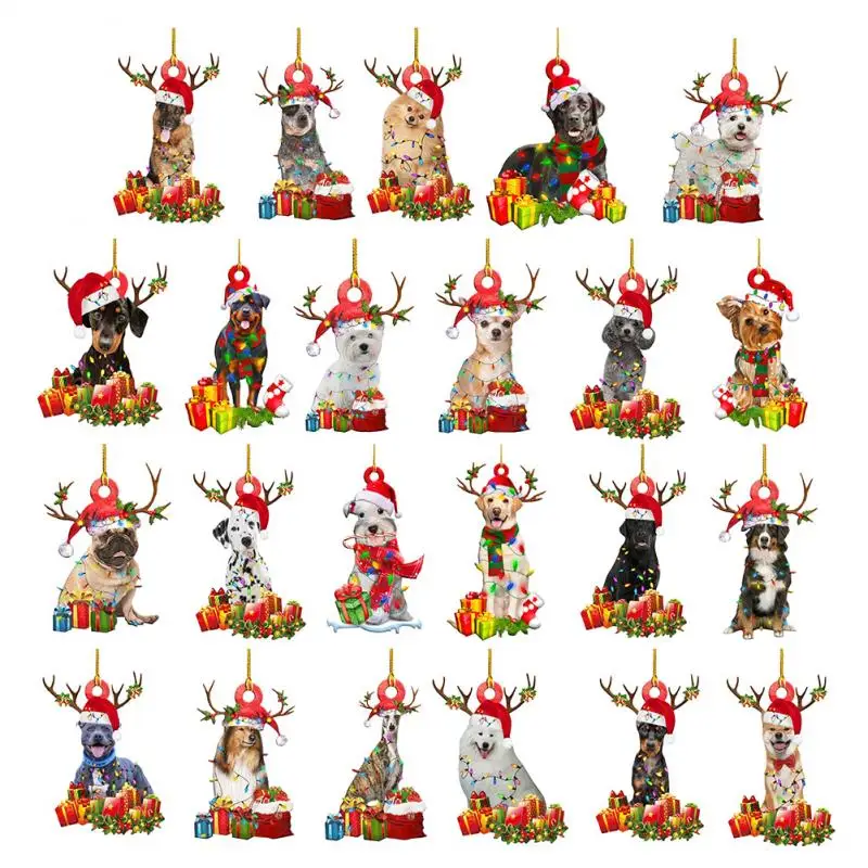 

Happy New Year Christmas Dog Pendant Wooden Ornament DIY Christmas Tree Dog Hanging Decoration For Home Party DIY Props