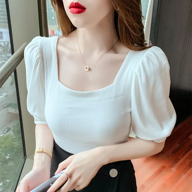 

Women Fashion Blue Striped Slim Summer Tops New Elegant Square Collar Puff Sleeve T-shirts Female Casual Elastic Cotton Tees Pop