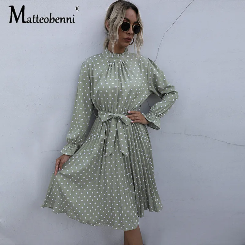 

Autumn Dress Women 2021 Lotus Leaf Sleeve Belt Pleated Loose Dress Polka Dots Printing Fashion Casual Retro Streetwear Dresses