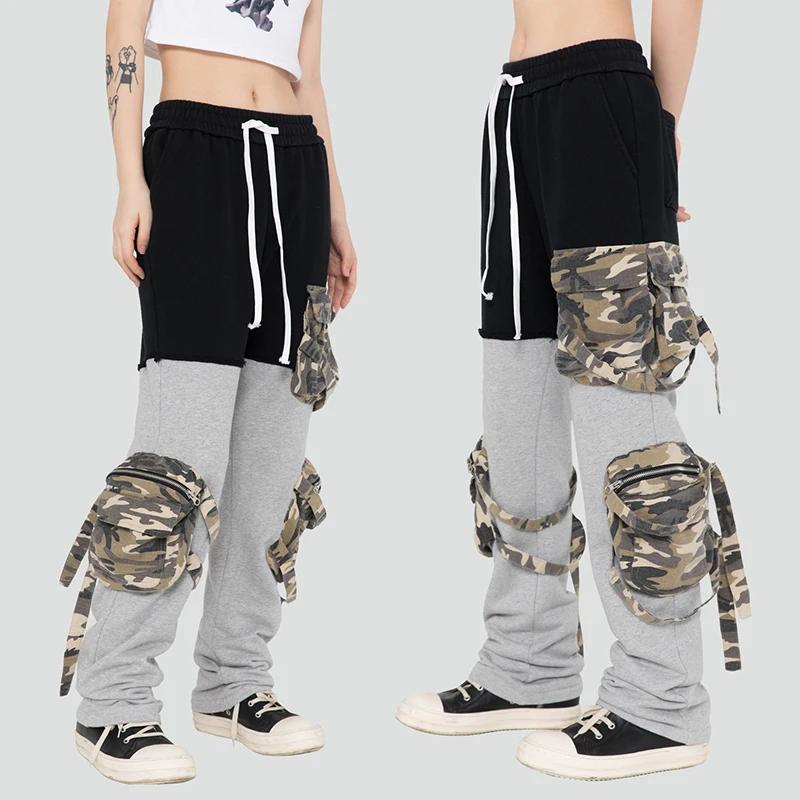 

High Street Retro Multi-pockets Joggers Sweatpants Mens and Womens Oversize Drawstring Color Match Baggy Casual Trousers