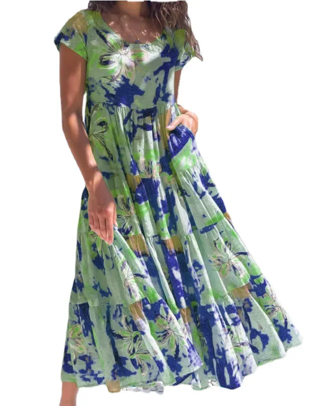 

2021 new fashion printed floral short sleeve round neck stitching high waist dress