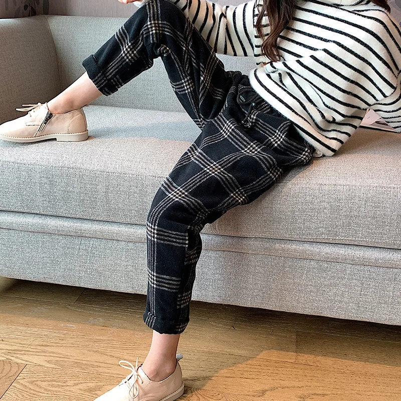 Штаны для девочек зимние плотные флисовые повседневные Клетчатые Шерстяные