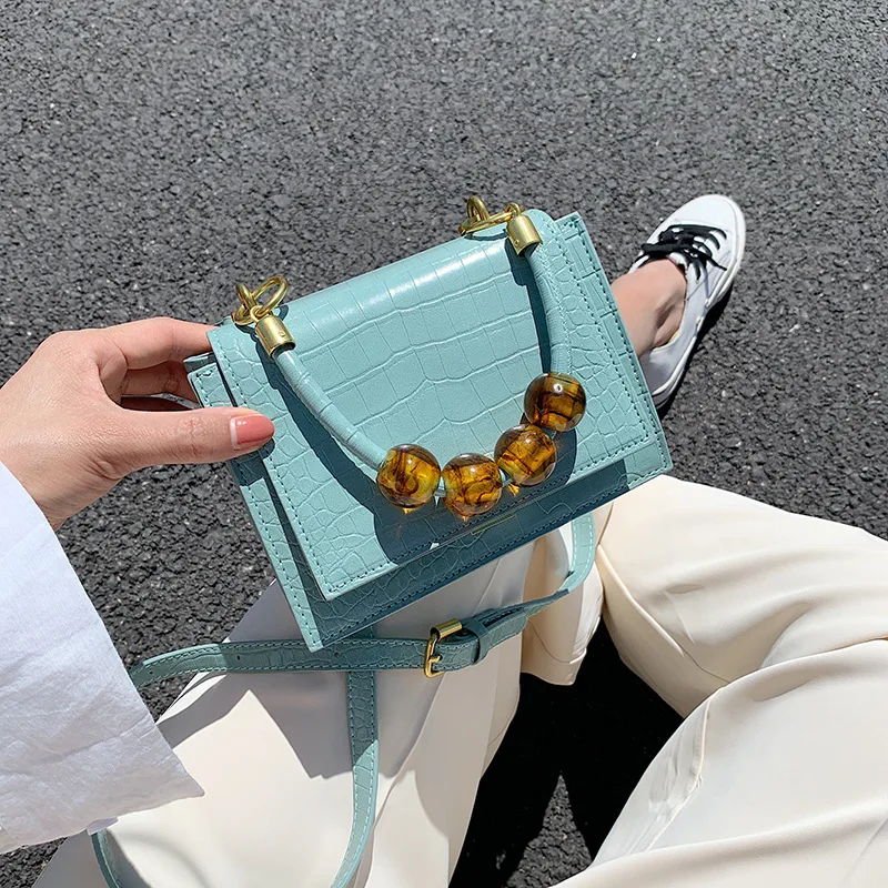 

2021 New Stone Pattern Small Bag Female Bag Acrylic Beads French Fashion Ladies Portable Messenger Bag Small Square Bag Tide