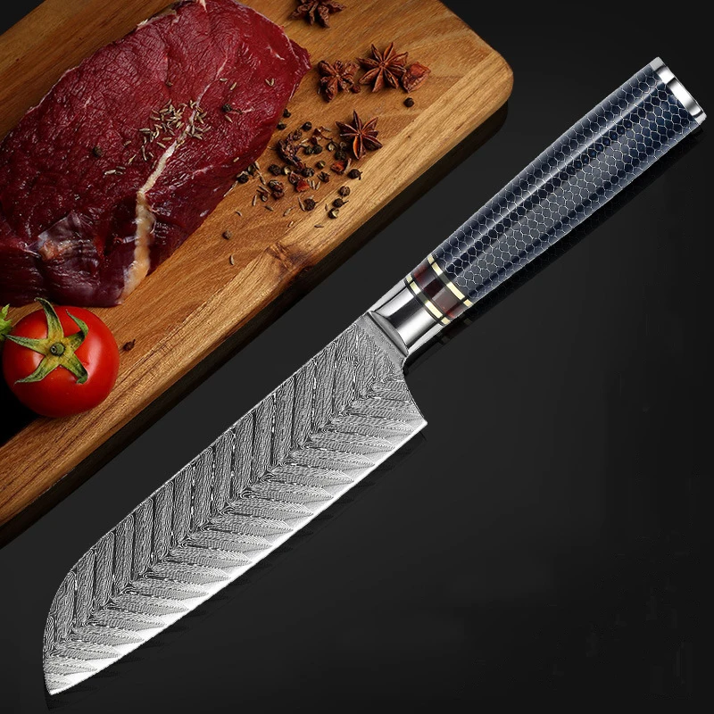 

Японские ножи сантоку из дамасской стали, 67 слоев, острое лезвие, зубчатый нож для нарезки мяса и овощей, кухонные приборы, ножи шеф-повара с ...