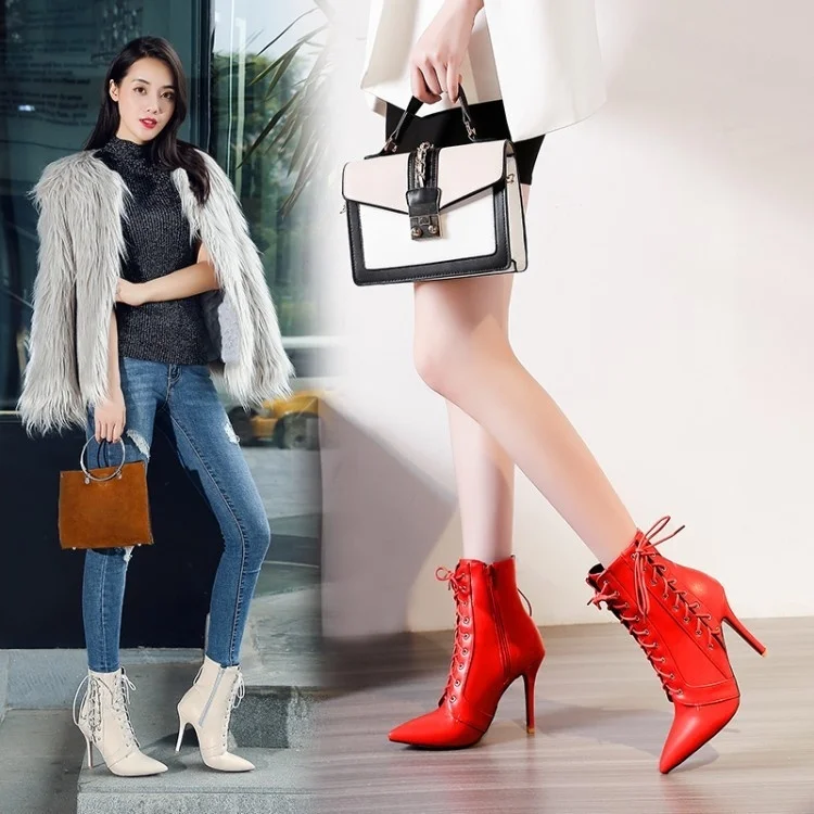 Murah 2021 Sepatu Bot Wanita Besar Sepatu Bot Hak Tinggi Bertali Sepatu Bot Wanita Tabung Rendah Runcing