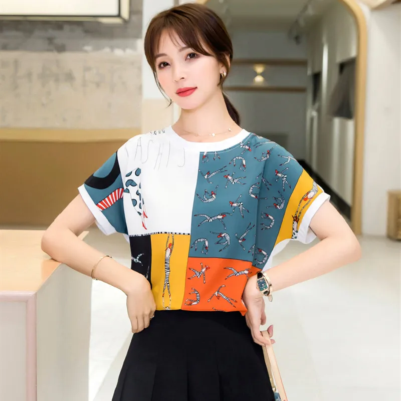 

2020 Summer Fashion Women Tops And Blouse Short Sleeve Patchwork Print Chiffon Shirt Casual Lady O-Neck Plus Size Clothes Blusas