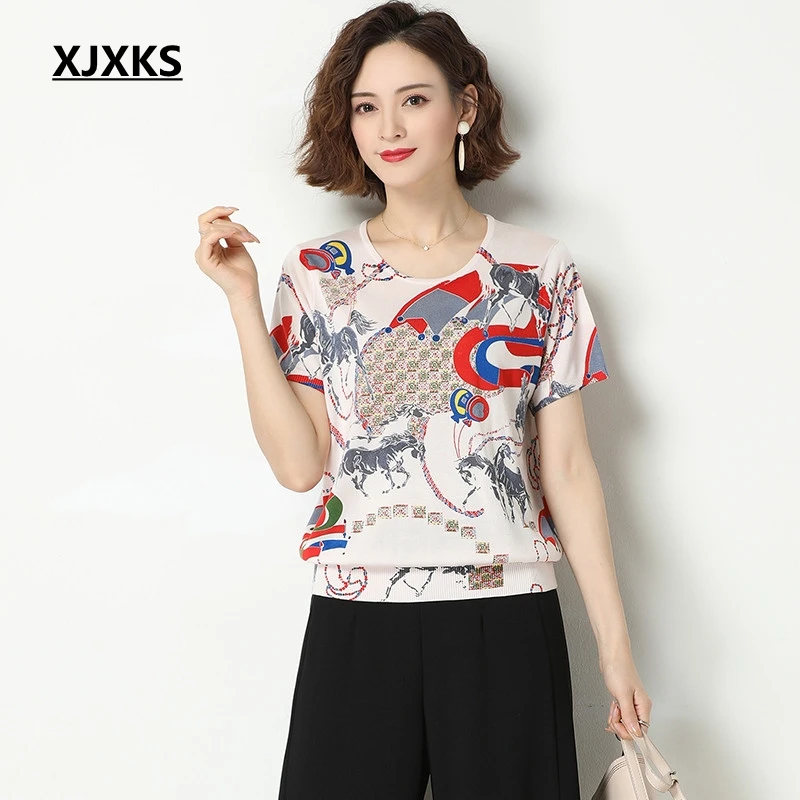 Женская футболка с цветочным принтом XJXKS летняя одежда коротким рукавом большие