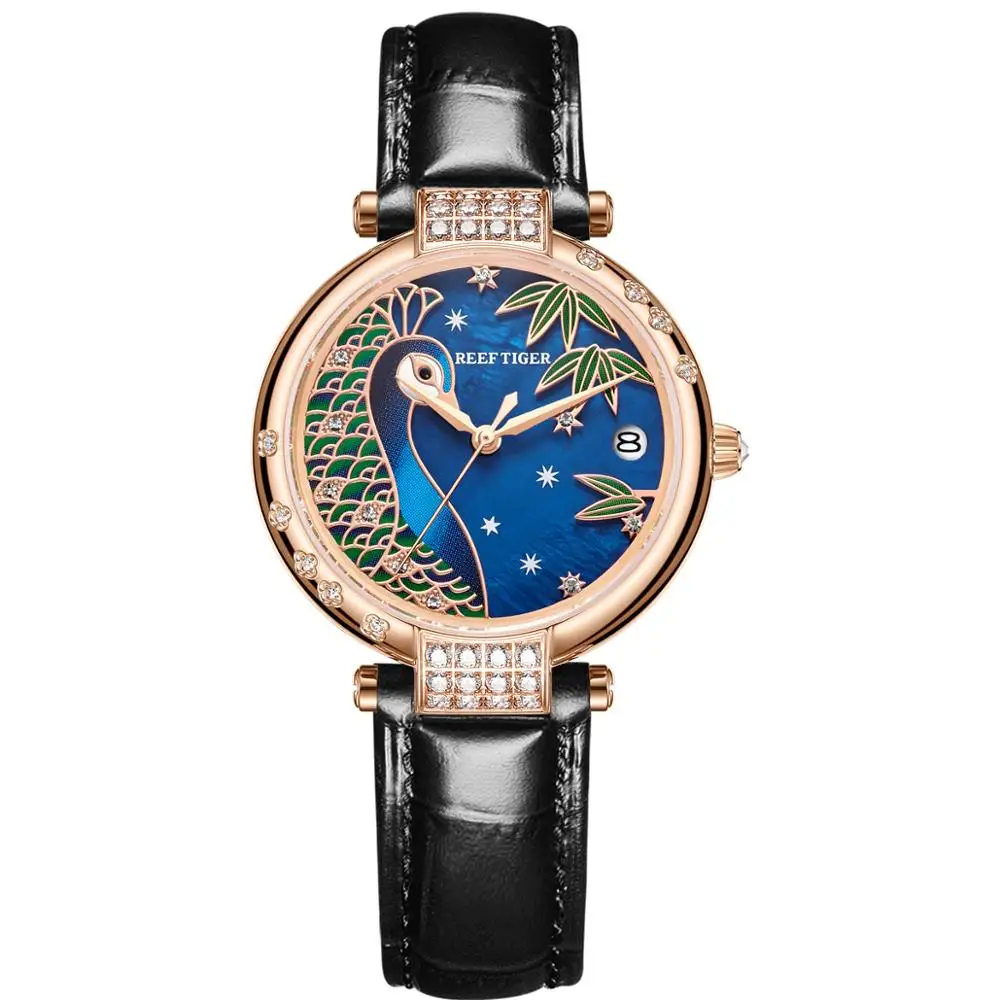 Reef Tiger / RT Luxury Gold Watch Automatic Day Date Watch Waterproof Genuine Leather Watch Relogio Feminino RGA1587 enlarge