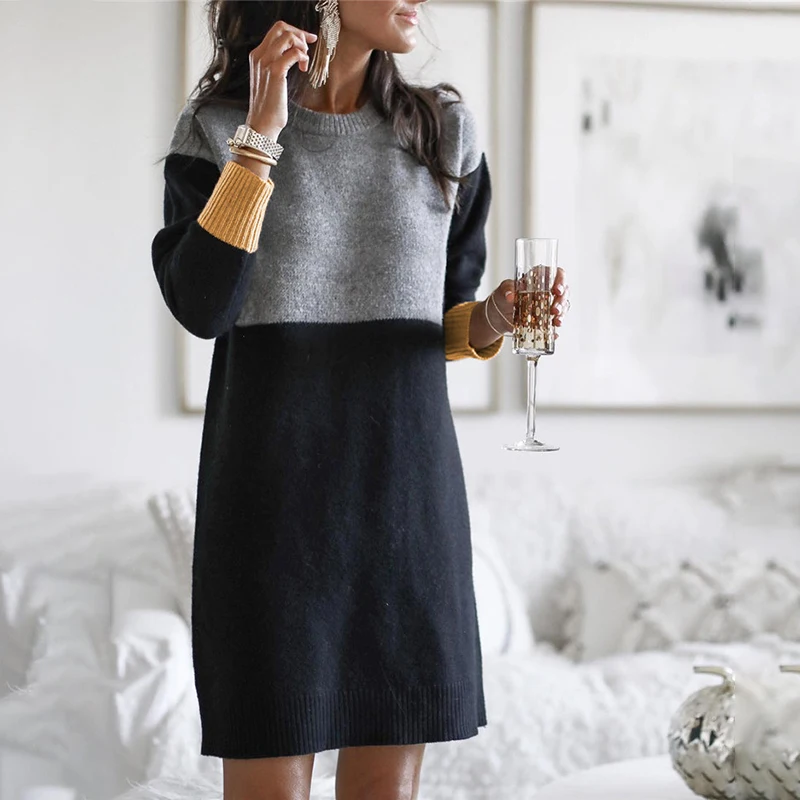 

Women's Sweater Inter-color Slim Skirt Loose Large Round Neck Pullover Top Oversized Long Pullovers Streetwear Outerwear 2021