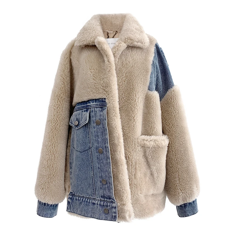 

Coat 100% Genuine Wool Fur Denim Splicing Female Jacket Leisure Korean Warm Coats and Jackets Women 2020 Ropa De Mujer Zjt676